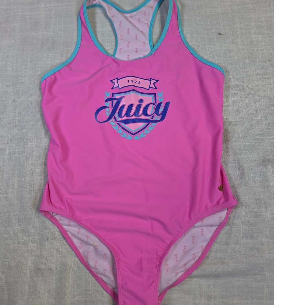 Juicy Couture Black Label Pink Racerback One Piece Swimsuit Girls 16 Logo Crest